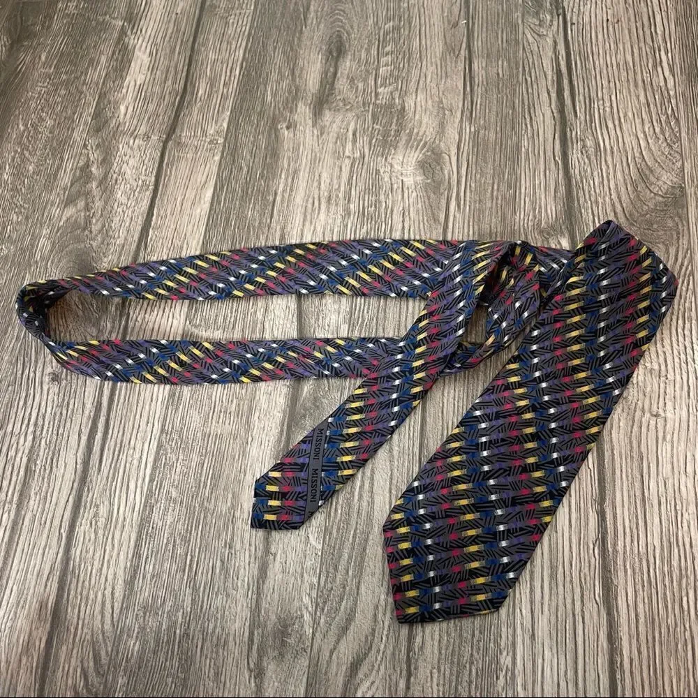 Missoni Vintage Blue Yellow Red Allover Pattern Silk Tie